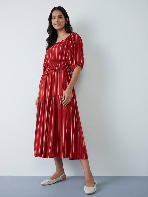 LOV by Westside Rust Stripe-Patterned Tiered Jerry Dress Price in India