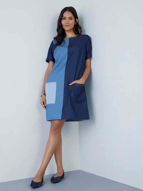 LOV by Westside Blue Colour-Blocked Chambray Dress Price in India