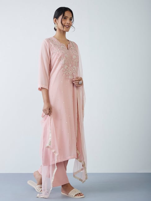 Vark by Westside Pink A-Line Kurta, Palazzos, Dupatta Price in India