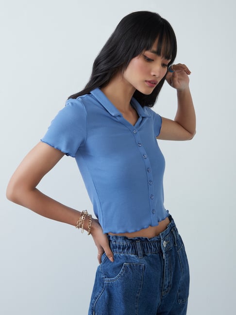 Nuon by Westside Blue Ribbed Cropped T-Shirt Price in India