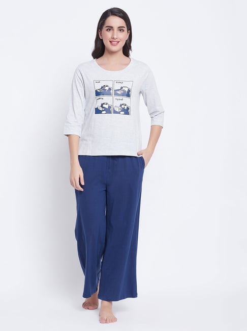 Clovia Light Grey & Royal Blue Printed T-Shirt With Pyjamas