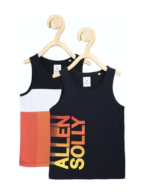 Allen Solly Junior Navy Cotton Logo Print Vests - Pack of 2