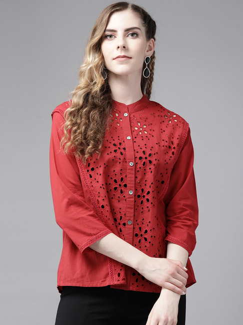 Ishin Maroon Cotton Embroidered Shirt Price in India