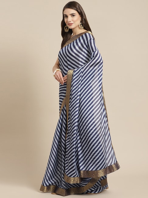 Ishin Blue Striped Saree With Unstitched Blouse Price in India