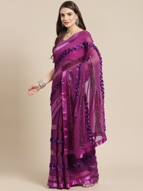 Ishin Purple Embellished Saree With Unstitched Blouse