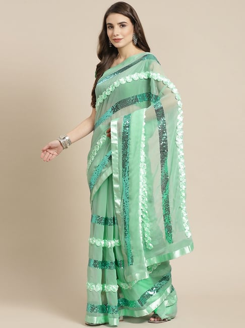 Ishin Green Embellished Saree With Unstitched Blouse