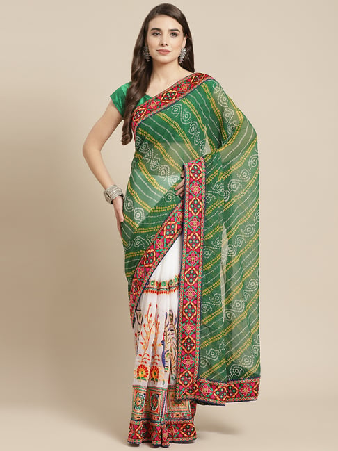 Ishin White & Green Embellished Saree With Unstitched Blouse