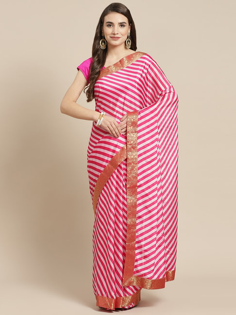 Ishin Pink Striped Saree With Unstitched Blouse Price in India