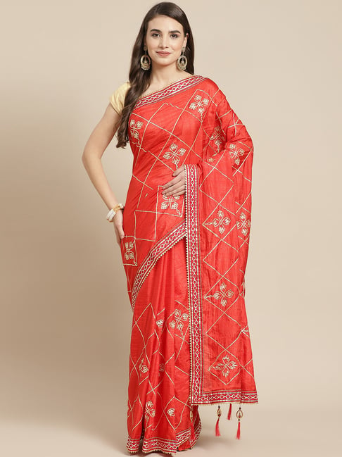 Ishin Red Silk Embroidered Saree With Unstitched Blouse