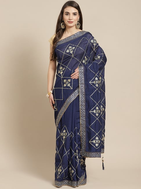 Ishin Blue Silk Embroidered Saree With Unstitched Blouse Price in India