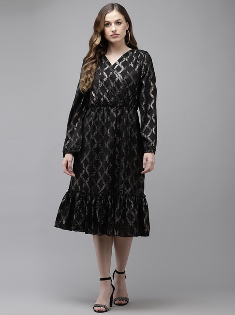 Ishin Black Printed A-Line Dress Price in India