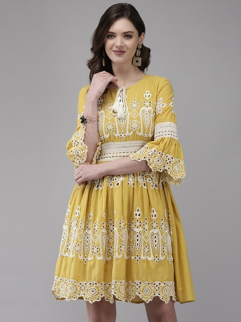 Ishin Yellow Cotton Embroidered A-Line Dress Price in India
