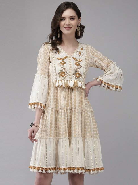 Ishin White Cotton Embroidered A-Line Dress Price in India
