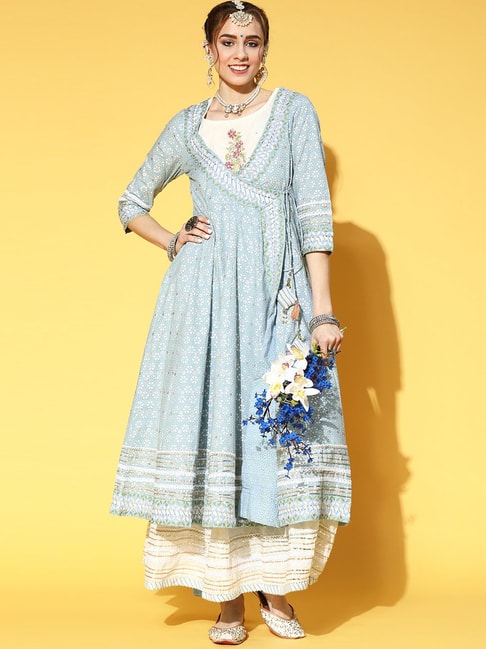 Ishin Blue Cotton Embellished Anarkali Kurta Price in India
