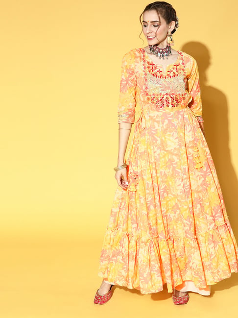 Ishin Yellow Cotton Embellished Anarkali Kurta Price in India