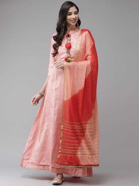 Ishin Pink Embellished Flared Kurta With Dupatta Price in India