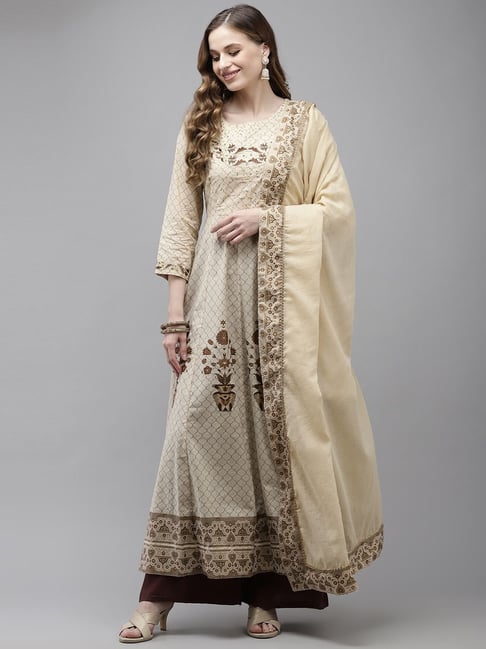 Ishin Beige Cotton Embroidered Anarkali Kurta With Dupatta Price in India