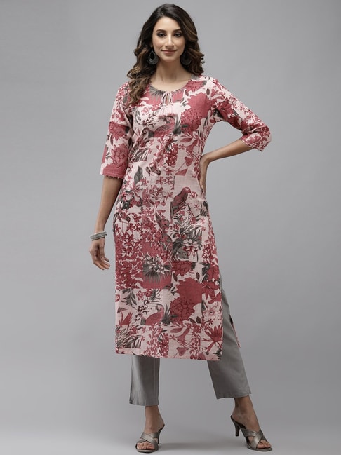 Ishin Pink Cotton Embroidered A Line Kurta Price in India