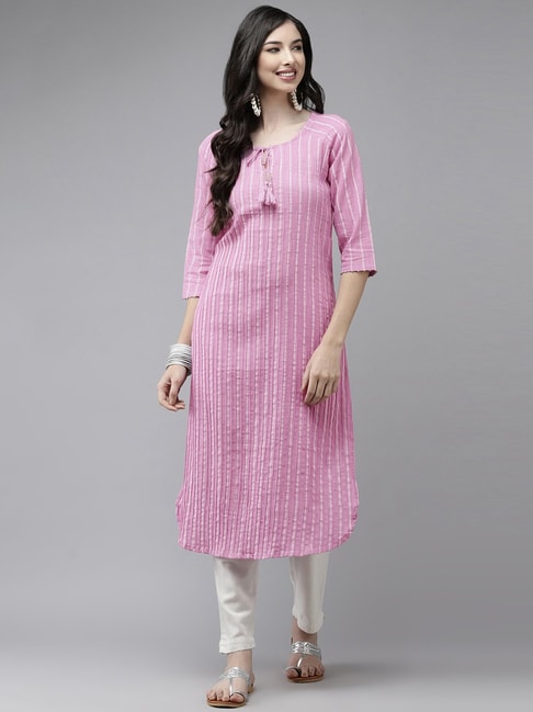 Ishin Pink Cotton Striped Straight Kurta Price in India
