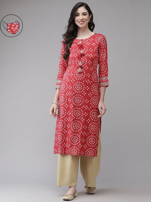 Ishin Red Embellished A Line Kurta Price in India