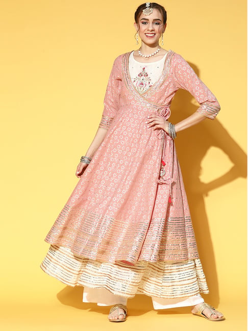 Ishin Pink Cotton Embellished Anarkali Kurta With Jacket Price in India