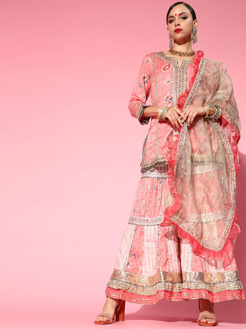 Ishin Pink Embroidered Kurta Sharara Set With Dupatta Price in India