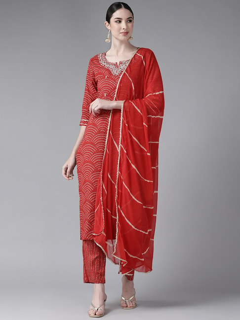 Ishin Red Embellished Kurta Pant Set With Dupatta