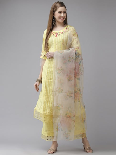 Ishin Yellow Embellished Kurta Pant Set With Dupatta Price in India