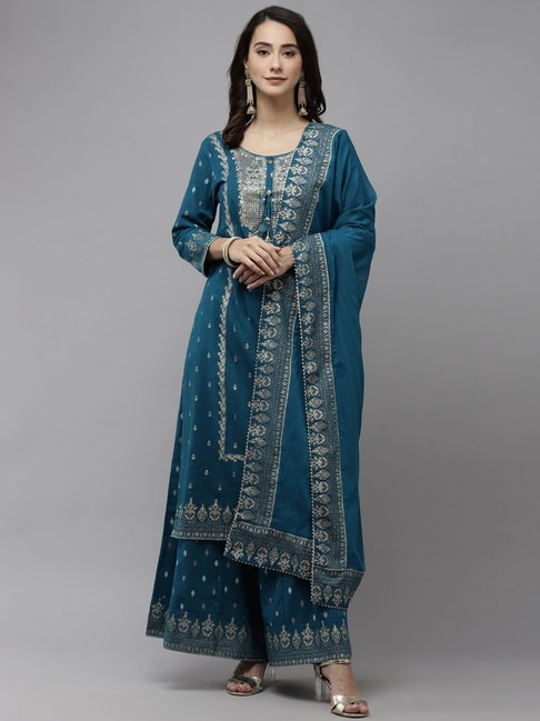 Ishin Blue Pure Cotton Embellished Kurta Sharara Set With Dupatta Price in India