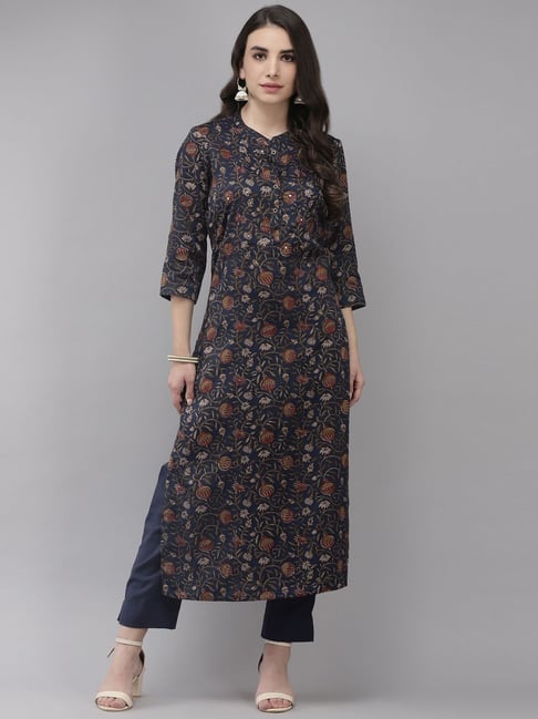 Ishin Navy Embellished Kurta Pant Set Price in India