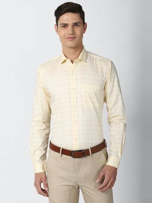 Peter England Yellow Cotton Regular Fit Checks Shirt