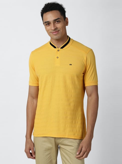 Peter England Yellow  Regular Fit Striped Polo T-Shirt