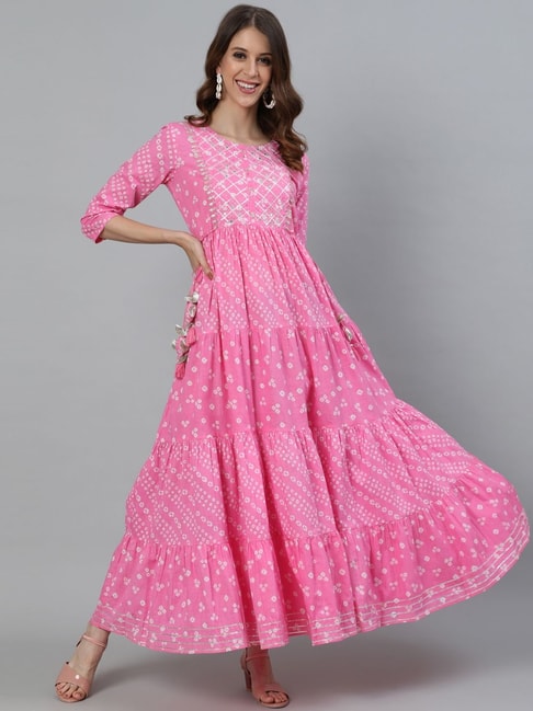 Ishin Pink Cotton Embellished Anarkali Kurta Price in India