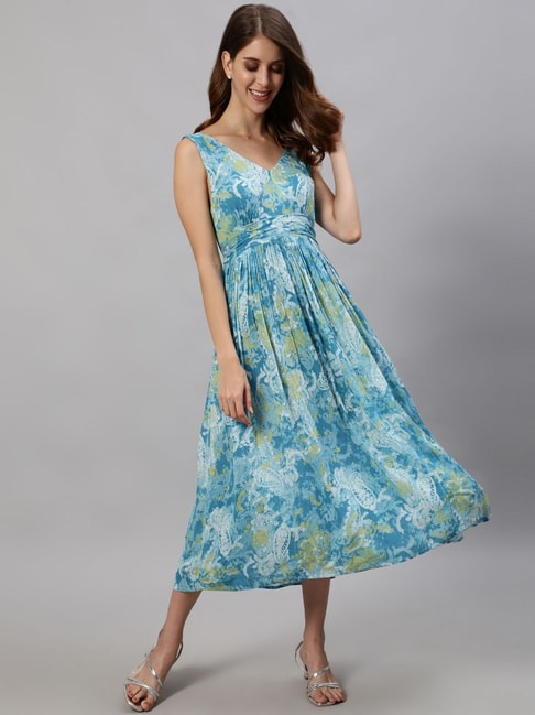 Ishin Blue Printed A-Line Dress Price in India