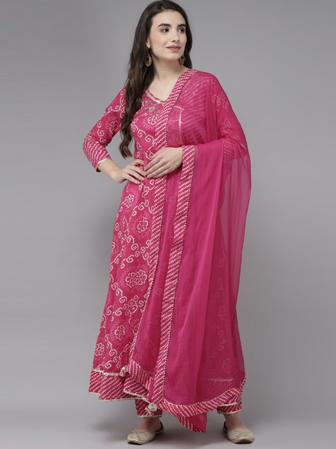 Ishin Pink Cotton Embroidered Kurta Pant Set With Dupatta Price in India