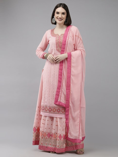 Ishin Pink Embroidered Kurta Skirt Set With Dupatta Price in India