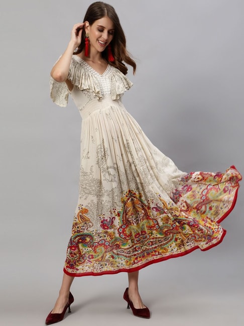 Ishin White Printed Blouson Dress Price in India