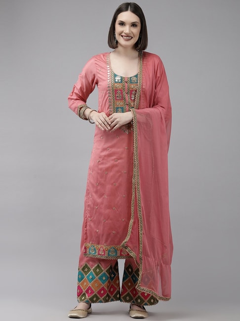 Ishin Pink Embroidered Kurta Pant Set With Dupatta Price in India