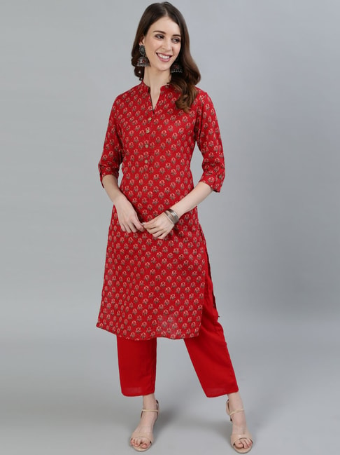 Ishin Red Pure Cotton Printed Kurta Pant Set Price in India