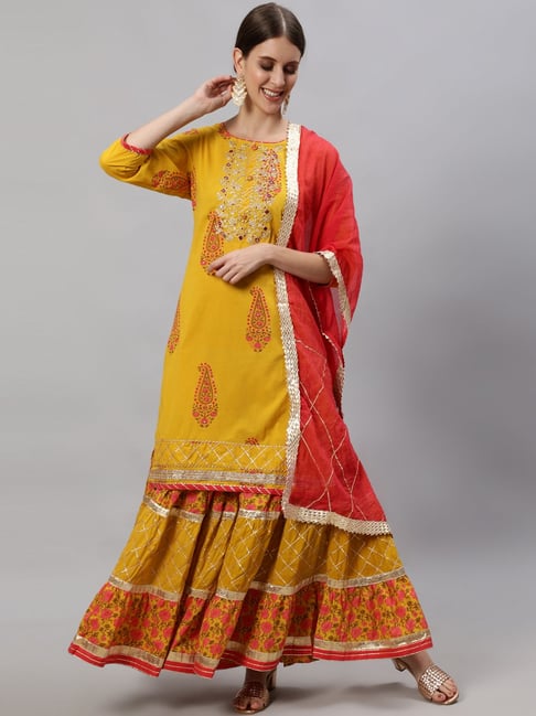 Ishin Yellow Pure Cotton Embroidered Kurta Sharara Set With Dupatta Price in India