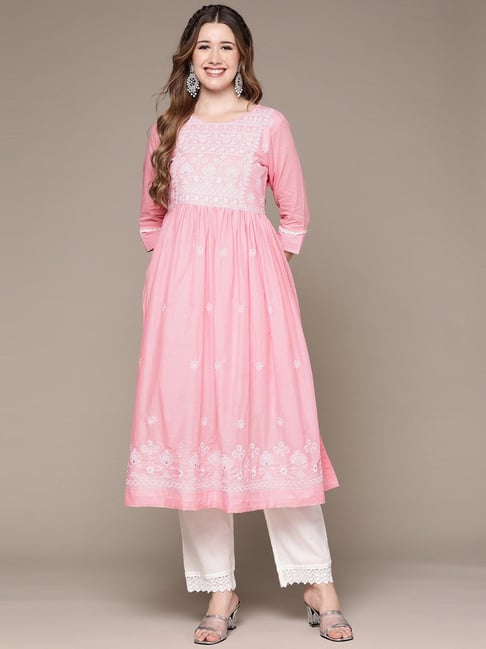 Anubhutee Pink Cotton Embroidered Flared Kurta Price in India