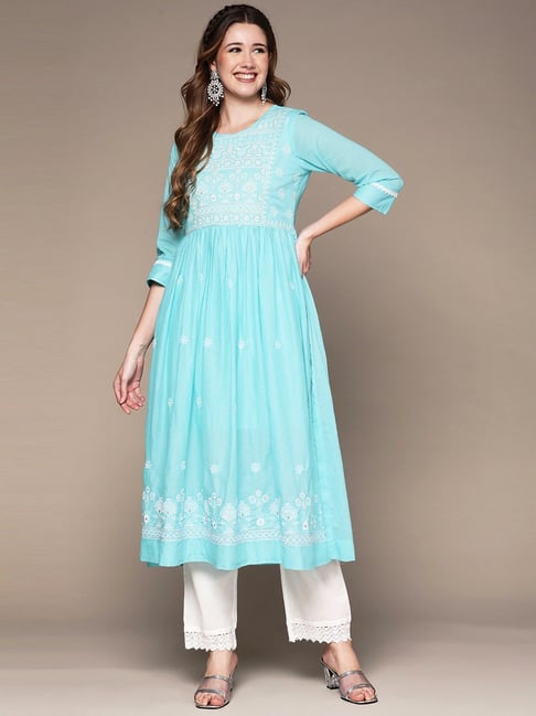 Anubhutee Turquoise Cotton Embroidered Flared Kurta Price in India