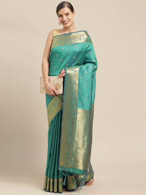 Sharaa Ethnica Turquoise Silk Woven Saree With Unstitched Blouse Price in India