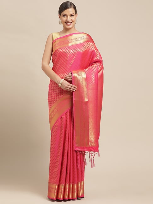Sharaa Ethnica Pink Silk Woven Saree With Unstitched Blouse Price in India