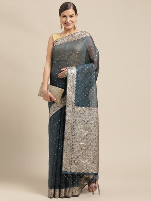 Sharaa Ethnica Grey Silk Woven Saree With Unstitched Blouse Price in India