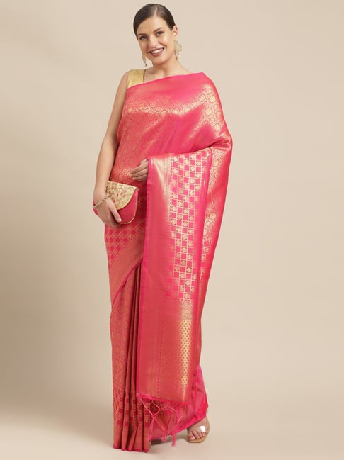 Sharaa Ethnica Pink Silk Woven Saree With Unstitched Blouse Price in India