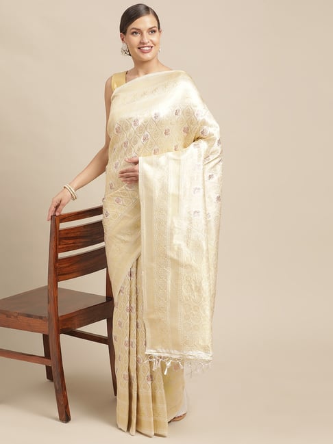 Sharaa Ethnica Beige Silk Woven Saree With Unstitched Blouse Price in India