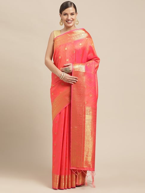Sharaa Ethnica Orange Silk Woven Saree With Unstitched Blouse Price in India