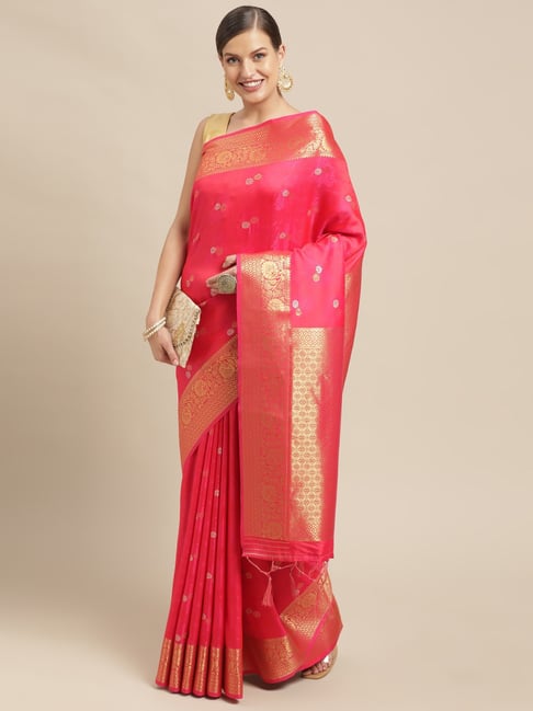 Sharaa Ethnica Pink Silk Woven Saree With Unstitched Blouse Price in India