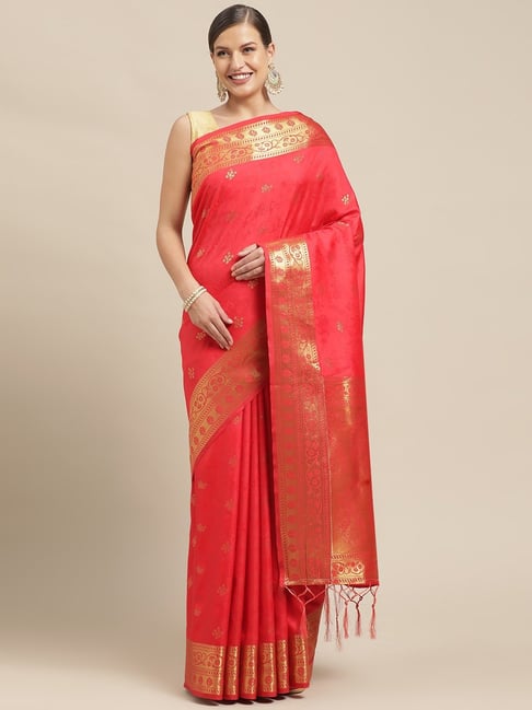 Sharaa Ethnica Red Silk Woven Saree With Unstitched Blouse Price in India